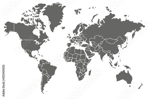 Vector  detailed world map illustration showcasing continents and countries in a neutral gray color scheme design