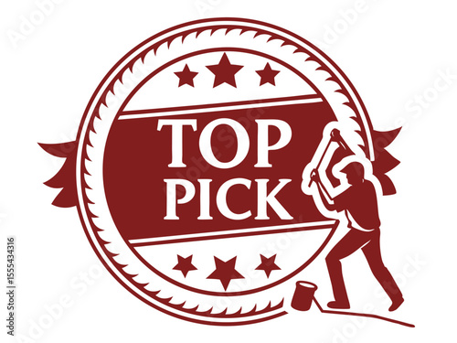 Vector  illustration of a top pick badge with stars, ribbon, and a figure holding a mallet next to a bucket object