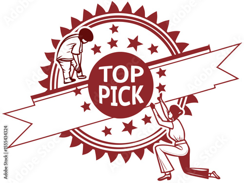 Vector  illustration of a top pick badge with two people interacting with it, one tying shoe and other reaching