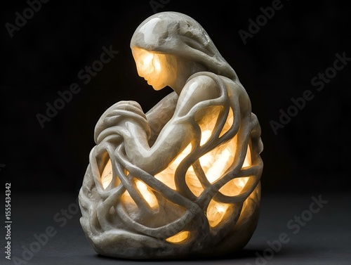 a white ceramic sculpture of a mother and child figure, with a warm, glowing light emanating from within