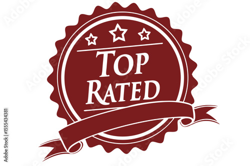Vector  maroon top rated badge with three stars and ribbon banner for product quality and service assurance rating