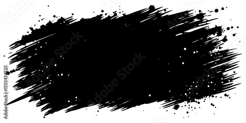 Vector  abstract black brush stroke with splatters and streaks on a white background creating a dynamic design