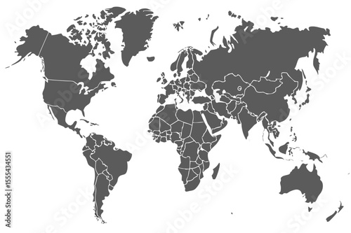 Vector  world map illustration with country borders displayed in gray against a white background design element