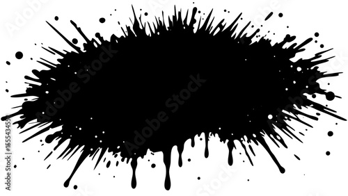 Vector  black ink blot with splatters and drips creating an abstract design on a white background with sharp edges