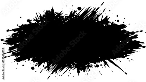 Vector  black ink splat with sharp edges and scattered droplets creating a dynamic and abstract visual element