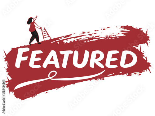 Vector  illustration of a woman climbing a ladder next to the word featured on a red textured background design
