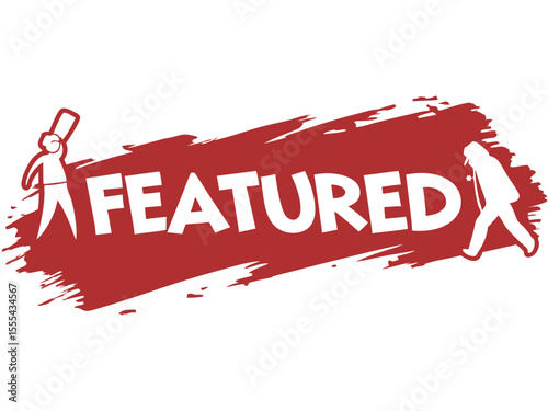 Vector  featured text on a red brush stroke background with two stick figures on either side of the text area