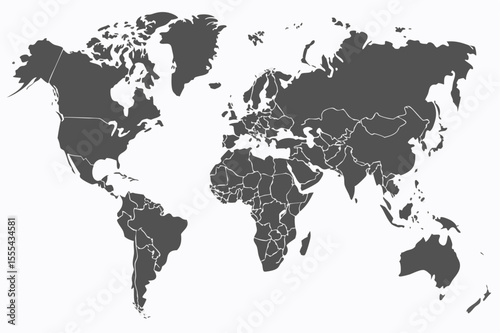 Vector  detailed world map illustration featuring continents and country borders in a muted grayscale palette