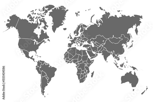 Vector  gray world map with country borders displayed on a white background showing continents and landmasses well