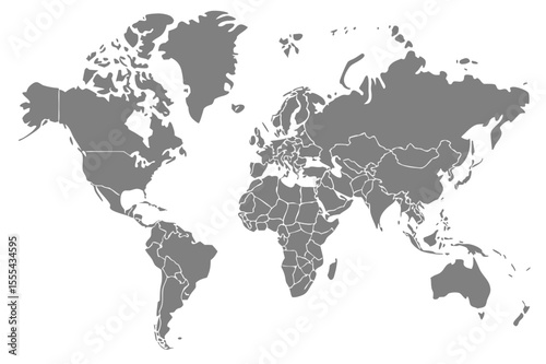 Vector  gray world map showing continents and country borders on a white background in a simple vector style
