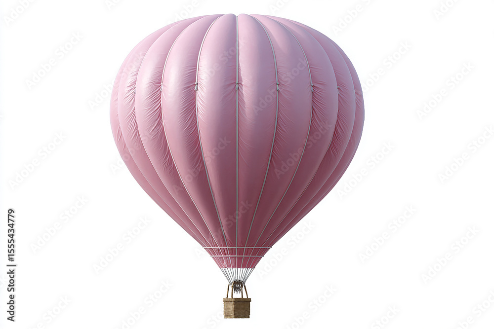 Naklejka premium Pink hot air balloon with ribbed fabric texture and wicker basket isolated on white background, whimsical and romantic design