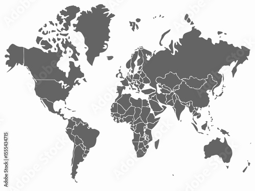 Vector  world map illustration showing continents and countries in gray against a white background detail view