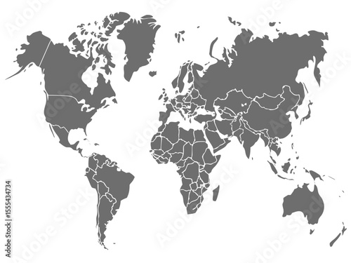 Vector  gray world map showing continents and country borders on a white background in a simple vector style