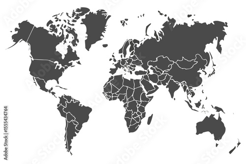 Vector  world map showing continents and country borders in dark gray on a white background visual representation