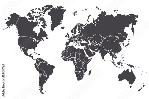 Vector  detailed world map illustration showing continents and country borders in a simple black and white design