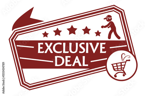 Vector  exclusive deal badge with stars, a person, and a shopping cart graphic in maroon and white colors