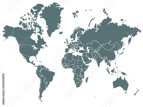 Vector  detailed world map illustration showcasing continents and country borders in a muted color palette design