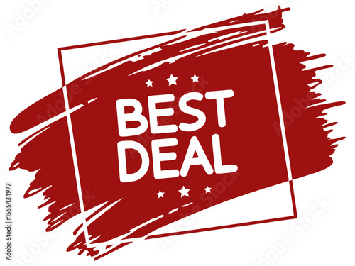 Vector  best deal promotion with red brush strokes and white text inside a square frame and three stars above and below