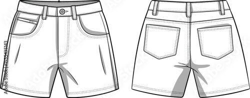 CAD drawing flat vector illustration of denim shorts, front and back technical sketch, fashion design template, garment blueprint, apparel mockup