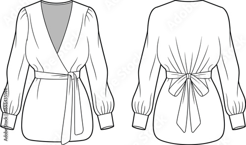 CAD drawing flat vector illustration of long sleeve wrap blouse with waist tie, back bow, and cuffed sleeves for fashion design