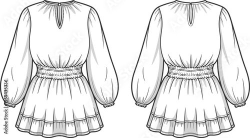 CAD drawing flat vector illustration of women’s smocked waist ruffle hem blouse with puff sleeves, back view, technical sketch
