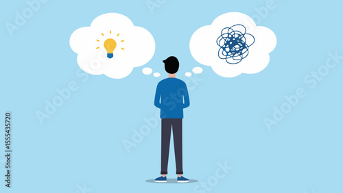 Man contemplating between a bright idea and confused thoughts with a lightbulb and scribble