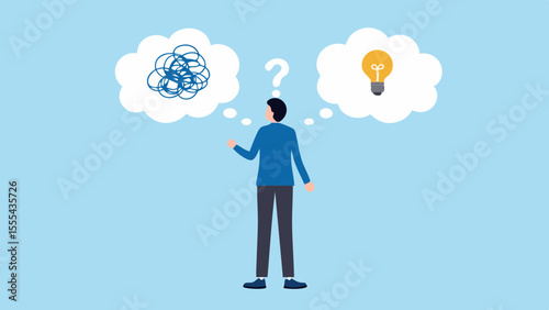 Man contemplating a complex problem and a bright idea symbolized by a lightbulb
