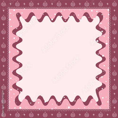 Christmas Square Frame. Winter Border. Christmas Ornament, Snowflakes, Waves in Modern Style. Free Space for Your Text. Holiday Greeting Card, Banner, Invitation Template. Vector in Pink, White