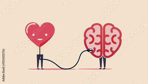 Cartoon heart character connected by cable to a brain character symbolizing emotional intelligence