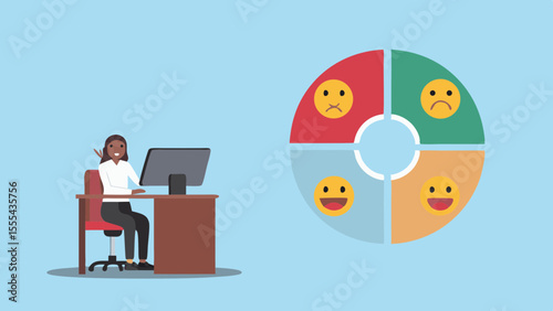 Woman working at computer next to a pie chart of customer emotions