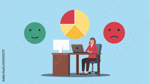 Woman working at desk with happy sad faces and pie chart