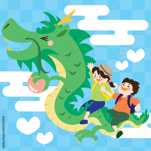 竜の背に乗って空を飛んでお出掛けをする、笑顔の子供たちのベクターイラスト