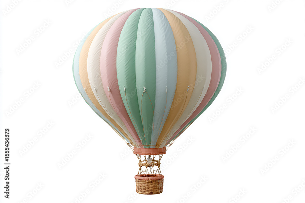 Naklejka premium Colorful pastel hot air balloon with wicker basket isolated on white background