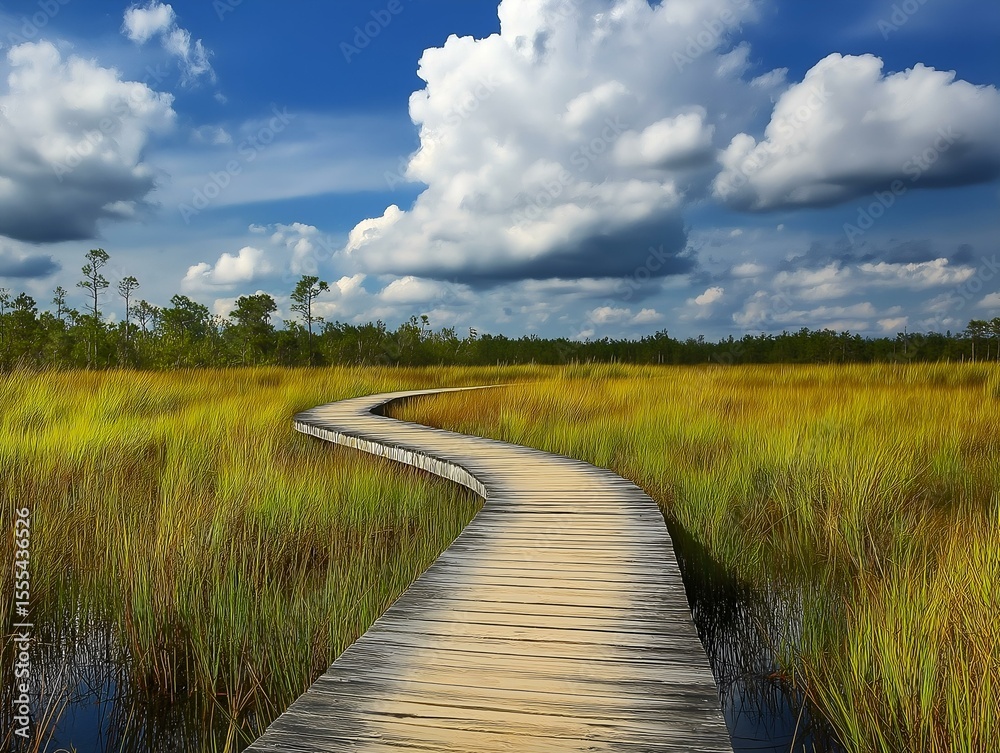 Obraz premium sunny grassy marsh boardwalk, bright sky, water reflection