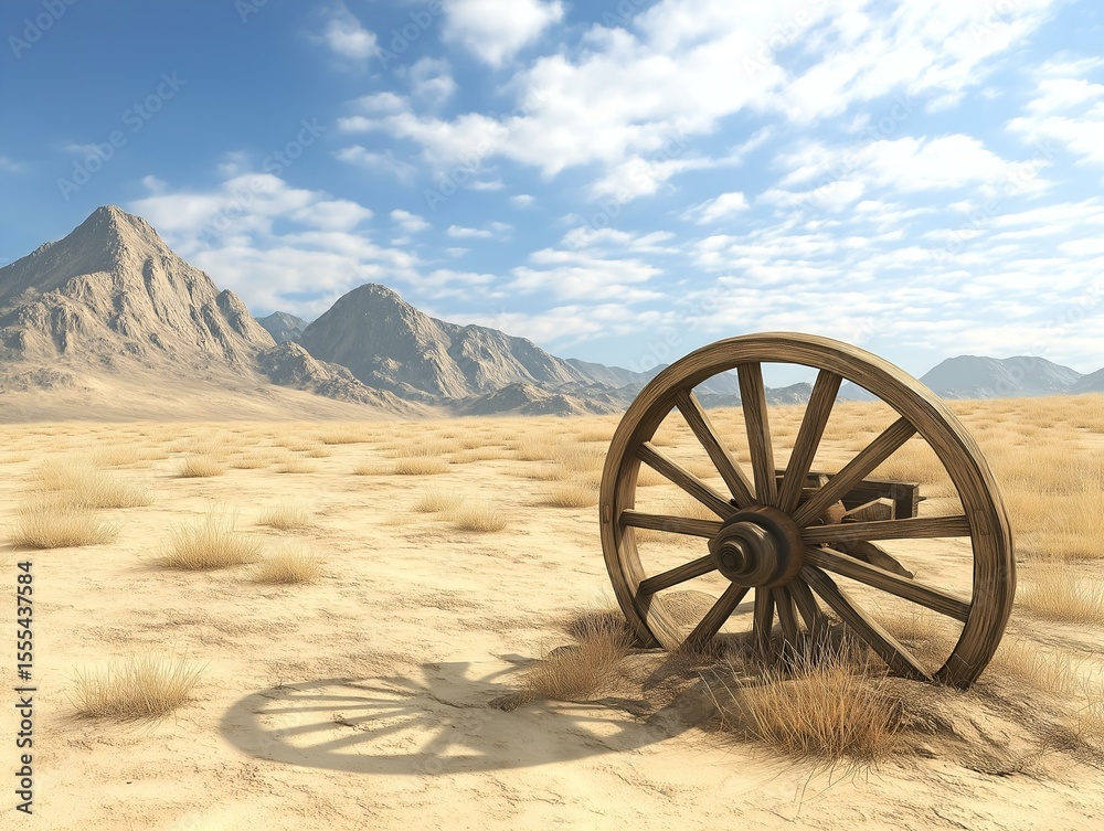 Fototapeta premium desert landscape with wagon wheel, blue sky, mountains in background