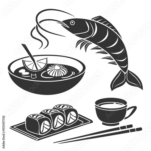 Black and white illustration of japanese cuisine including sushi miso soup and fish design