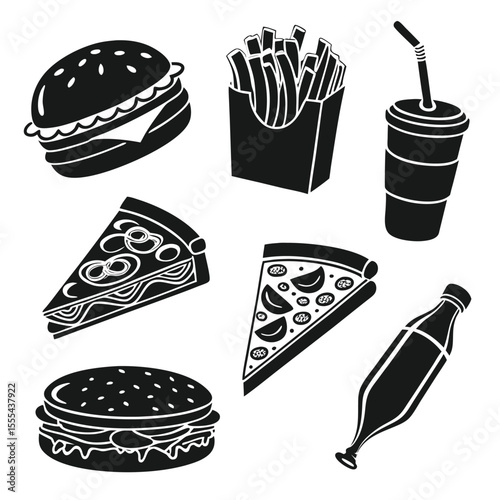 Black and white food icon set illustrating hamburger pizza fries soft drink and beverage bottle