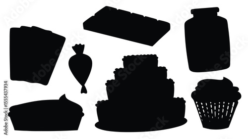 Silhouette collection of delicious baked goods including cakes chocolate cupcakes and pastry supplies