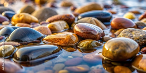 Smooth beach pebbles gleam in shallow water, creating a sense of tranquility and peace near the shoreline with a natural ambiance.