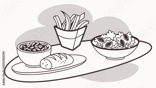 Simple black and white illustration of a meal platter with french fries salad bread and soup