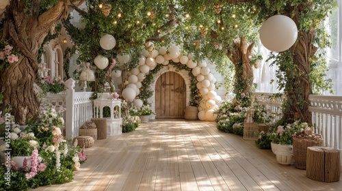 Fototapeta Naklejka Na Ścianę i Meble -  Enchanted garden passage with blossoming trees and ethereal balloon arch