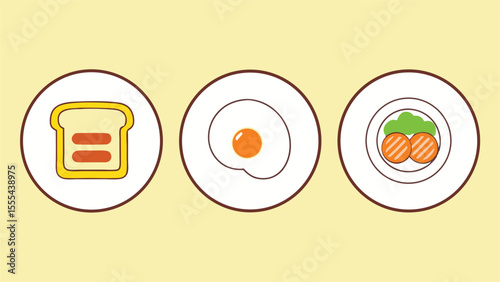 Delicious breakfast items depicted as simple flat vector illustrations on plates with a yellow background