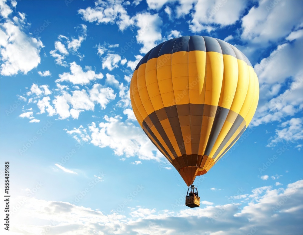 Naklejka premium Hot air balloon soaring over a clear blue sky with fluffy clouds