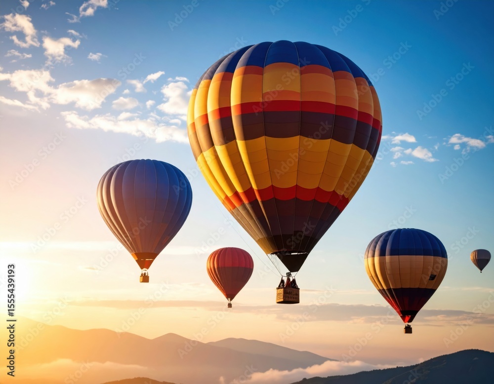 Obraz premium Hot air balloon soaring over a clear blue sky with fluffy clouds