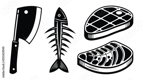 Simple black and white vector illustration of cleaver fish bone and sliced steak cuts for design elements