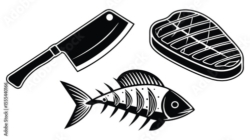 Black and white illustrated food elements including meat fish and cleaver ready for cooking