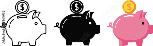 Three piggy banks in different styles with dollar coins on top on a white background design icon