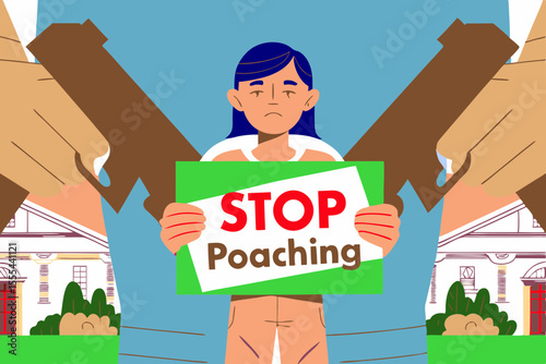 Child holding protest sign reading Stop Poaching stands defiantly in front of armed figures, illustrating the stark contrast between innocence and violence in a powerful visual narrative