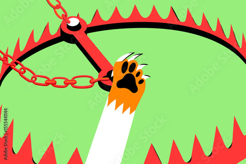 Close-up of animal paw caught in rusty metal trap, showcasing painful expression and sharp claws, highlighting the distress and danger of wildlife encounters