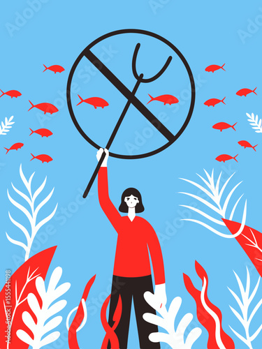Eco-activist holding a crossed-out fishing hook in a vibrant flat illustration, surrounded by colorful fish and aquatic plants, symbolizing marine conservation and environmental awareness